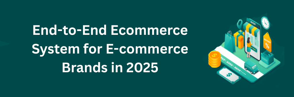 Flat-style digital illustration showing a complete end-to-end e-commerce system for 2025, featuring icons of a storefront on a laptop, shopping cart, bar chart, customer support agent, shipping box, and dollar sign, all interconnected with dotted lines on a deep blue background representing modern retail integration