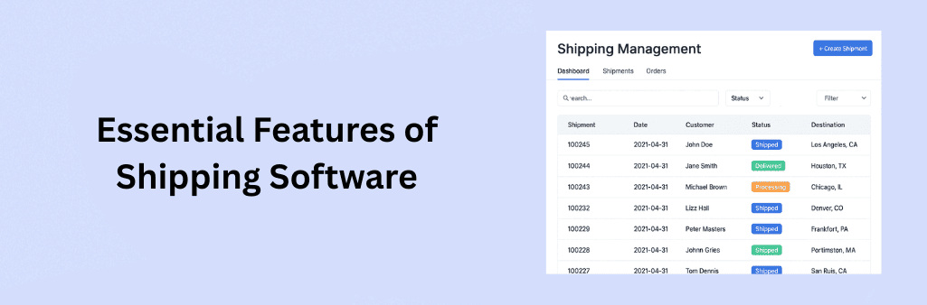 Illustration depicting key features of shipping software, including a delivery truck, tracking dashboard on a screen, barcode scanner, and checklist, symbolizing efficiency and real-time shipment management.