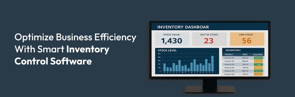 Dashboard interface of smart inventory control software displaying real-time stock levels, analytics charts, and automation tools for optimizing business efficiency