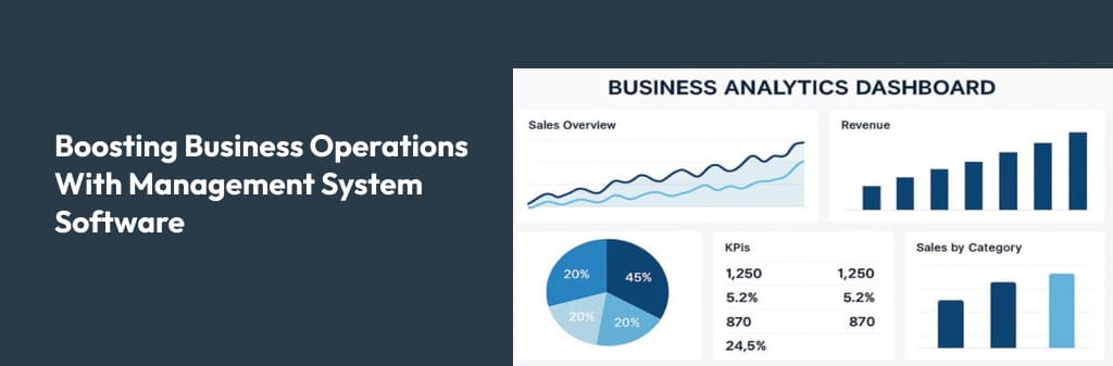 Illustration of professionals using digital dashboards and charts on computers and tablets, symbolizing improved business operations through management system software