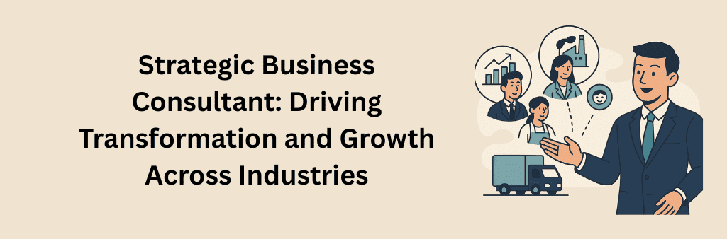 Flat-style digital illustration showing a professional business consultant engaging with clients across various industries, including logistics, finance, and manufacturing, symbolizing transformation and growth without any on-image text.