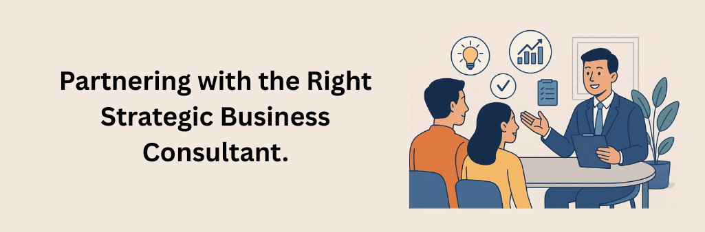 Flat-style digital illustration of a strategic business consultant in a formal suit discussing plans with two clients across a table, surrounded by icons representing ideas, growth, and planning in a modern office setting.