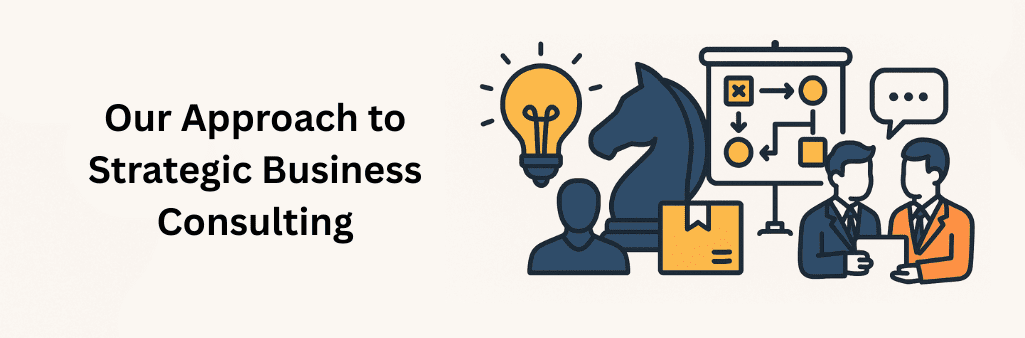 Flat-style digital illustration featuring a lightbulb for innovation, a chess knight for strategy, a flowchart for planning, and two business professionals in discussion, symbolizing a strategic business consulting approach.