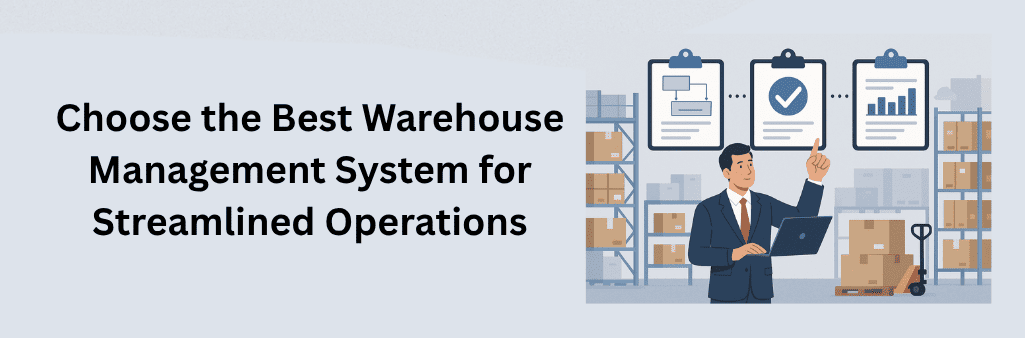 A flat-style digital illustration depicts a professional man in a suit using a laptop and pointing toward digital clipboards above, representing workflow, checklists, and data analytics. He stands in a warehouse with shelves stocked with organized boxes and a pallet jack