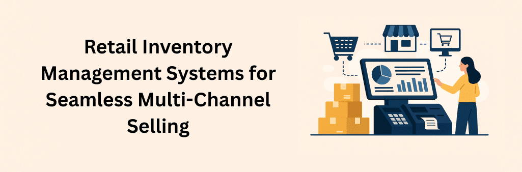 Flat-style digital illustration of a woman using a touchscreen POS system to manage retail inventory, with visual elements representing online stores, physical shops, and stacked packages for seamless multi-channel selling