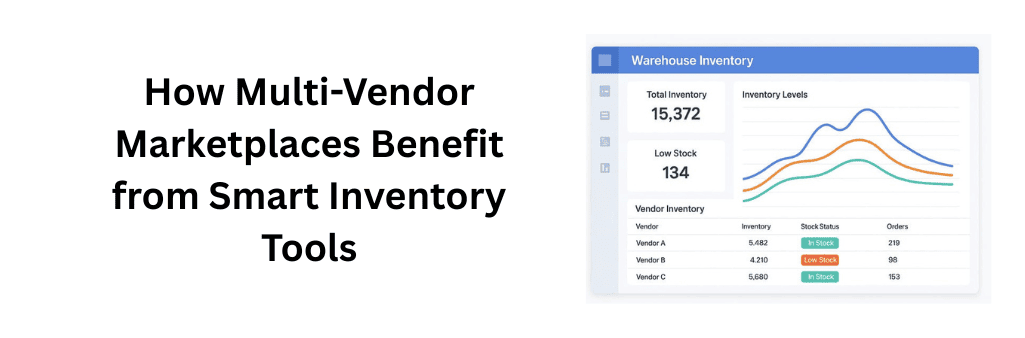 Illustration of a multi-vendor marketplace using smart inventory tools to manage stock levels, reduce overselling, and streamline vendor operations.