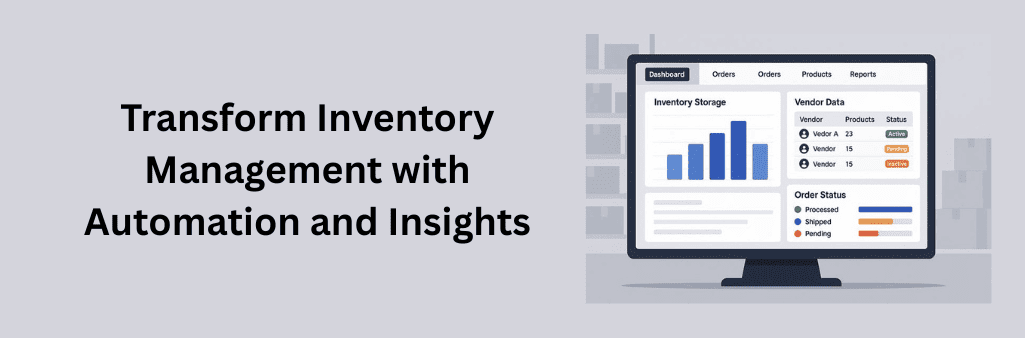 Illustration of automated inventory management system with real-time analytics dashboard, showcasing improved efficiency and data-driven insights