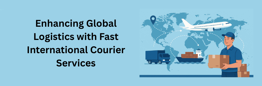 A smiling courier in uniform holds a package, symbolizing fast international courier services