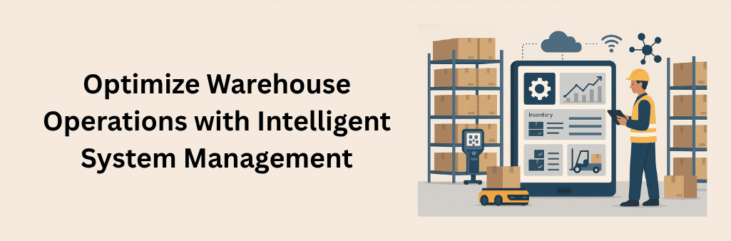 A 2D digital illustration depicts a warehouse where a worker in a yellow safety vest and hard hat uses a tablet to monitor inventory and system analytics displayed on a large digital screen, surrounded by shelves with boxes, automated robots, barcode scanners, and cloud-connected icons representing intelligent system management