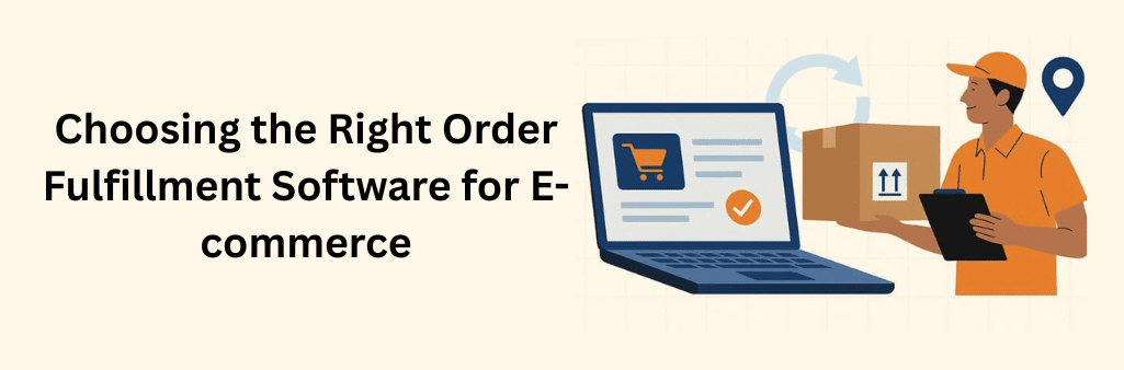 Illustration showing an e-commerce order fulfillment concept. A laptop screen displays a shopping cart icon and order confirmation, while a delivery person in an orange uniform holds a package and clipboard. Arrows and a location pin symbolize tracking and delivery logistics