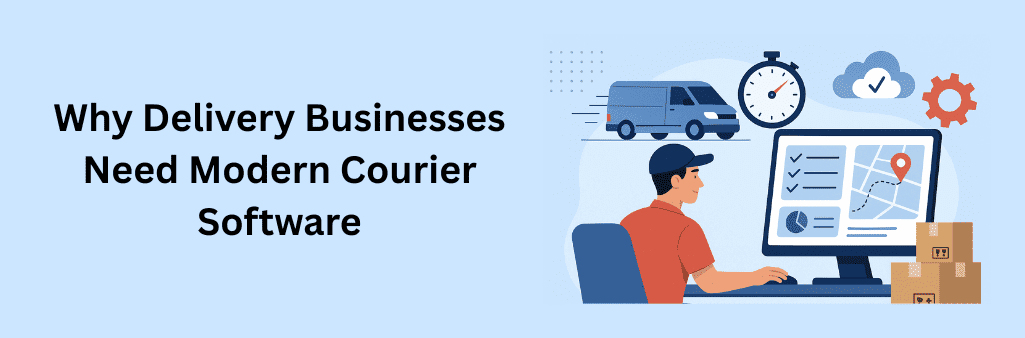 Flat-style illustration of a delivery driver using modern courier software with a dashboard showing routes, tracking, and analytics, emphasizing speed, automation, and efficient parcel management