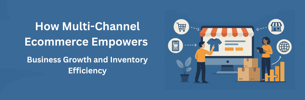 A flat-style digital illustration showing a man interacting with an online store on a computer screen, surrounded by icons representing multiple sales channels like mobile, web, and physical stores. A woman stands beside shipping boxes with a tablet in hand, next to a growing bar graph symbolizing inventory efficiency and business growth, multi-channel ecommerce.