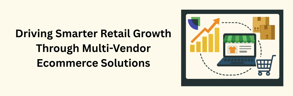 ecommerce growth chart, laptop store, boxes, and cart connected by dashed lines.