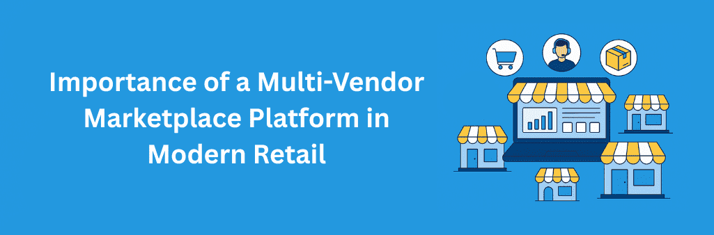 Illustration of a laptop with a storefront awning, surrounded by multiple smaller shops and icons representing e-commerce, customer support, and delivery, symbolizing a multi-vendor marketplace ecosystem.