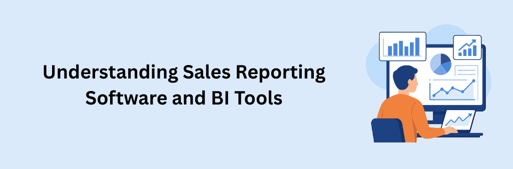 A flat-style digital illustration visualizing sales reporting and business intelligence. A person is seated at a desk, analysing charts and graphs on a large computer monitor and a tablet. The visuals display bar graphs, line charts, and a pie chart, symbolizing data analysis and performance tracking using BI tools.