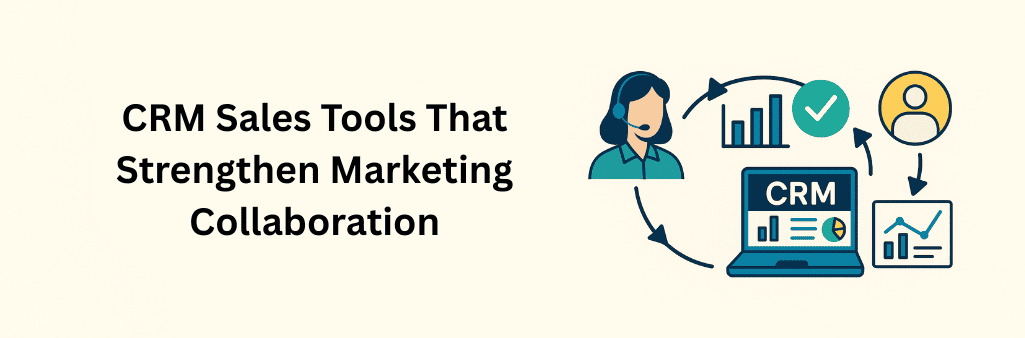 A 2D digital infographic illustrating KCRM sales tools enhancing marketing collaboration. It shows a female sales rep icon, a bar chart with a checkmark, a user profile icon, a CRM dashboard on a laptop, and a growth analytics chart. Arrows connect all elements in a cycle, symbolizing seamless integration and workflow