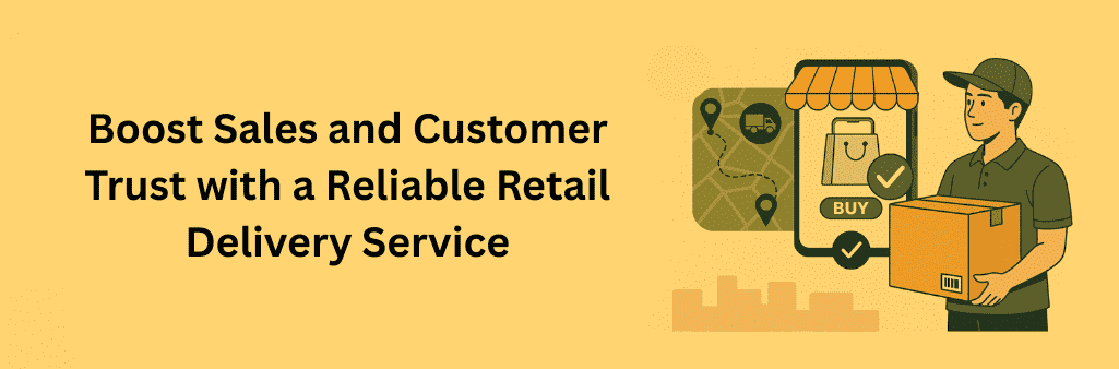 A flat-style illustration shows a delivery person holding a package beside a large smartphone with a shopping bag icon, a "BUY" button, and checkmarks. A map with route pins and a delivery truck highlights reliable order tracking, set against a yellow background representing seamless retail delivery service