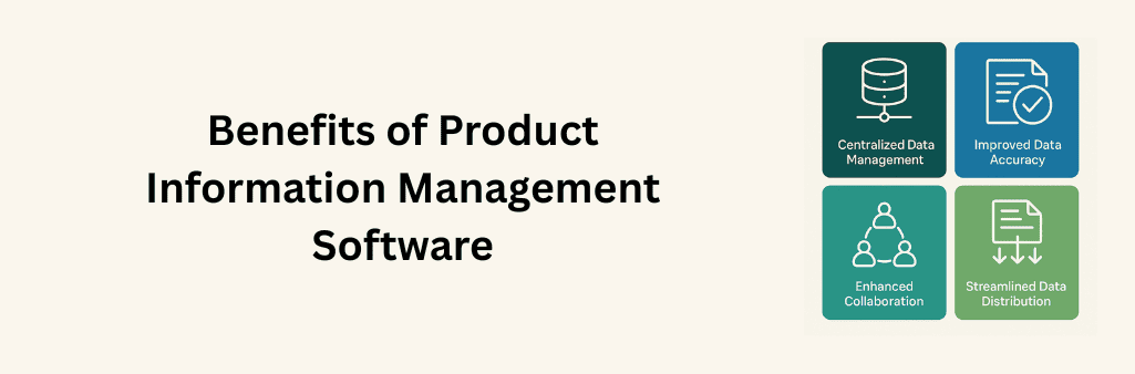 A four-panel visual shows key benefits of PIM software: Centralized Data, Improved Accuracy, Enhanced Team Collaboration, and Smooth Data Syndication. Each represented by clear icons on a vivid layout