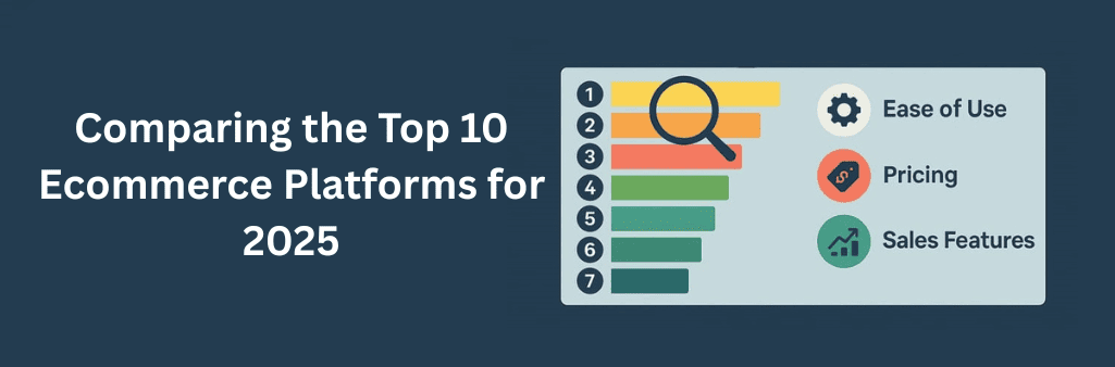 Ranked infographic comparing ecommerce platforms for ease of use, pricing, and features, helping beginners