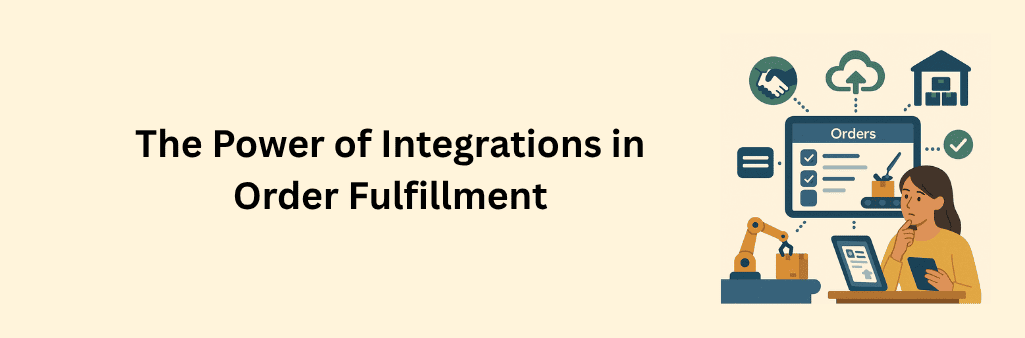 A flat-style digital illustration showing a central “Orders” screen with checkboxes and a progress bar, surrounded by interconnected icons for CRM (handshake), cloud integration (upload arrow), warehouse (stacked boxes), order confirmation (checkmark), picking automation (robotic arm handling a box), and data input (text field), illustrating the power of integrations in order fulfillment.