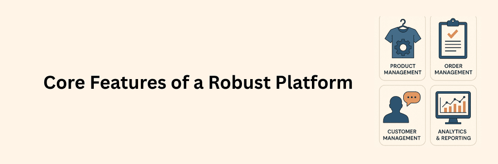 Banner with the text "Core Features of a Robust Platform" and four illustrated icons labeled Product Management, Order Management, Customer Management, and Analytics & Reporting