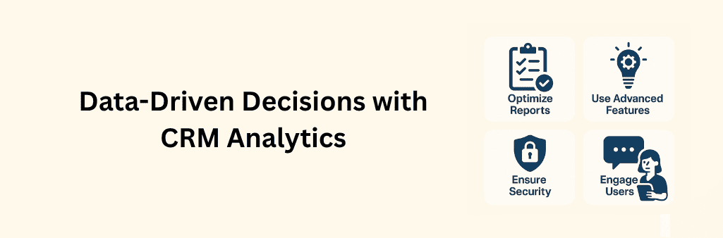 Flat-style illustration of a woman with a tablet beside a analytics dashboard showing charts, graphs, and icons for data-driven decisions