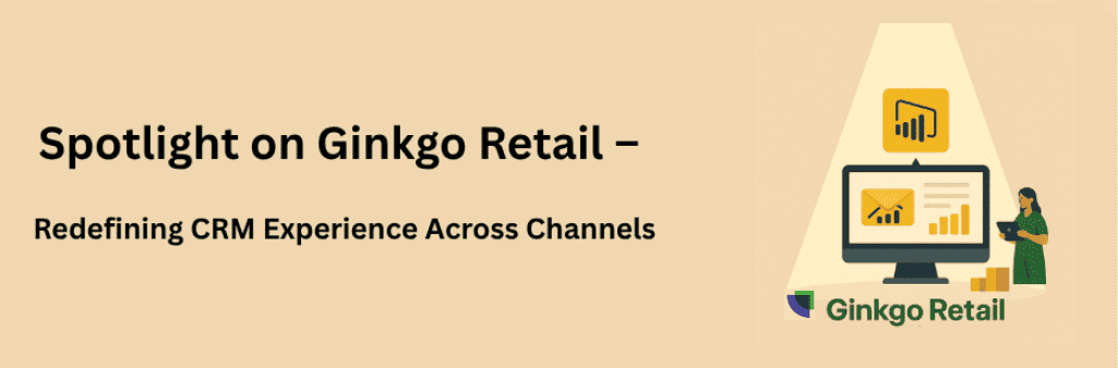 Flat-style illustration of a CRM monitor under a spotlight with icons for user, chat, and analytics, linked to multi-channel retail CRM elements