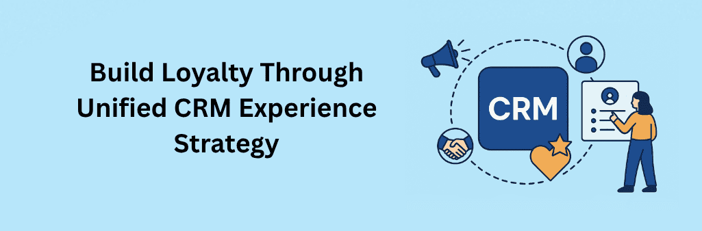 Flat-style infographic showing a CRM icon at the center, surrounded by icons of a handshake, megaphone, profile, and heart-shaped star, with a woman interacting with a customer profile on a light blue background