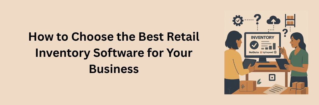 Flat-style illustration of two people at a desk reviewing inventory options on a screen with charts, logos, and decision-making icons.