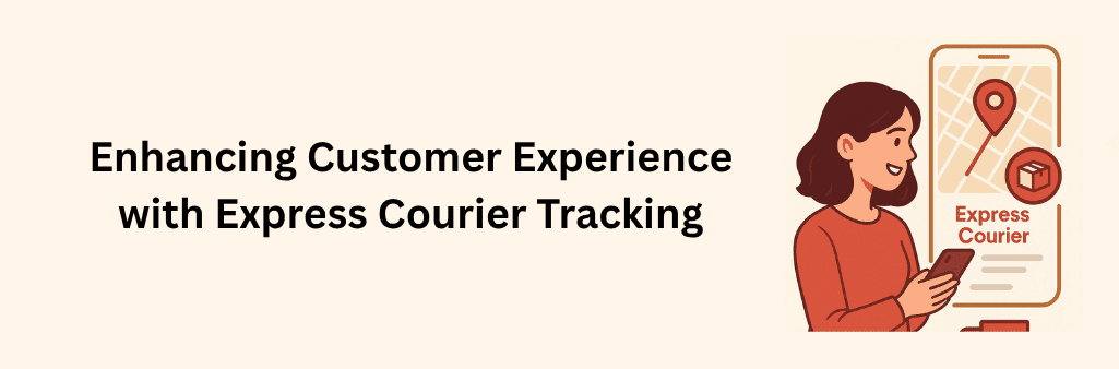 A smiling woman holds her smartphone displaying an express courier tracking interface with a red-route map and package icon, while a small courier truck icon floats below on a warm beige background