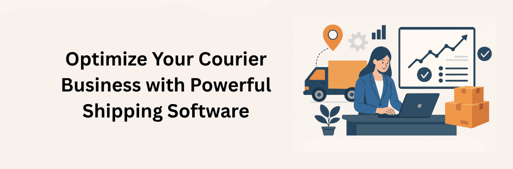 Businesswoman using shipping software on a laptop with courier icons, packages, and analytics chart in background.