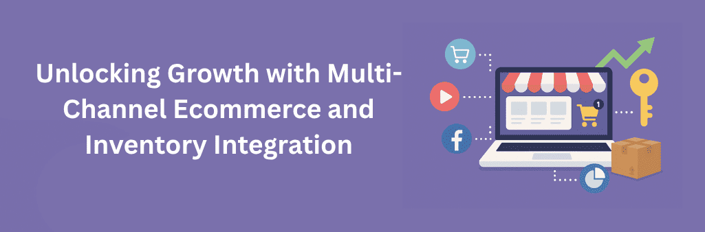 Flat-style illustration of a laptop with an online store, representing multi-channel ecommerce, surrounded by shopping, social media, inventory, and analytics icons, with a key and upward arrow symbolizing growth and integration.