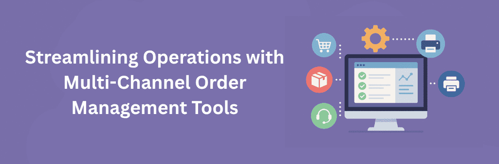 Illustration of a computer screen displaying task checklists and analytics, surrounded by icons representing e-commerce, shipping, customer support, settings, and printing integration on a purple background