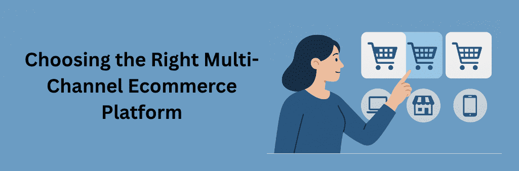 Woman selecting an ecommerce platform icon with multi-channel options like store, laptop, and mobile shown