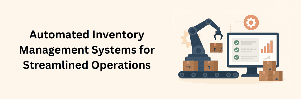 A robotic arm sorts boxes onto a conveyor belt beside a computer displaying inventory software and bar charts