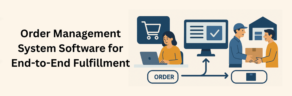 Woman placing orders online, central software dashboard, delivery person handing package to customer near warehouse.