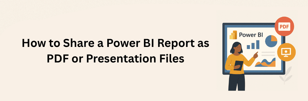Woman presenting a dashboard on a screen with PDF and presentation icons, symbolizing exporting reports as PDF or presentation files