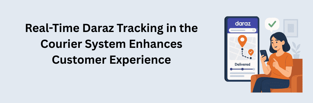 Woman using a courier system to check real-time Daraz package tracking on smartphone while sitting on the couch.