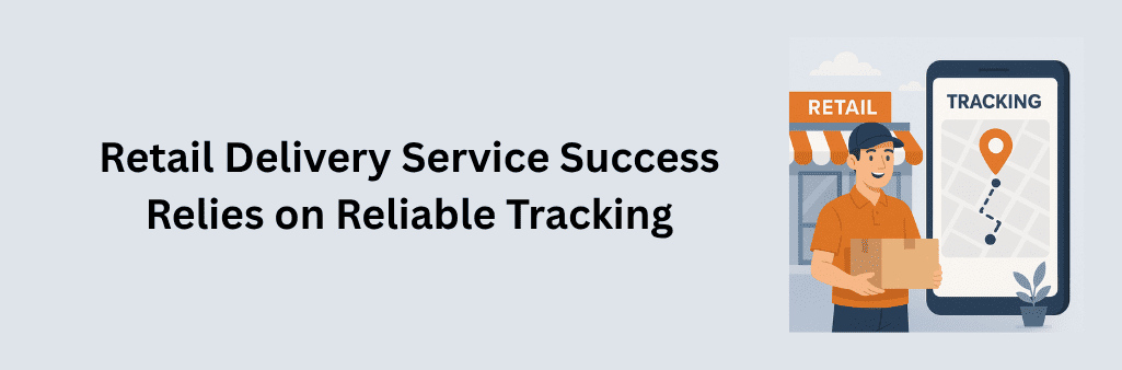 Delivery man holding package in front of retail shop with large phone screen showing tracking map.