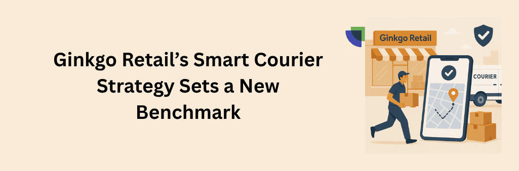 Courier with package walking past Ginkgo Retail store and tracking screen beside delivery van.