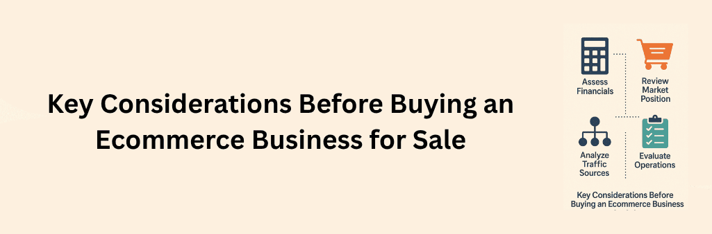 An infographic outlining four key considerations before buying an ecommerce business: a calculator icon labeled “Assess Financials,” a shopping cart labeled “Review Market Position,” a network diagram icon labeled “Analyze Traffic Sources,” and a checklist clipboard labeled “Evaluate Operations.” The layout is organized in a clean grid with dotted line connections and muted colors.