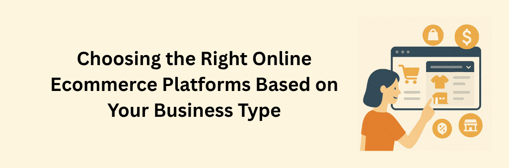 A woman points to a dropdown menu on an ecommerce platform interface, surrounded by icons of a shopping cart, t-shirt, store, dollar sign, and shopping bag.