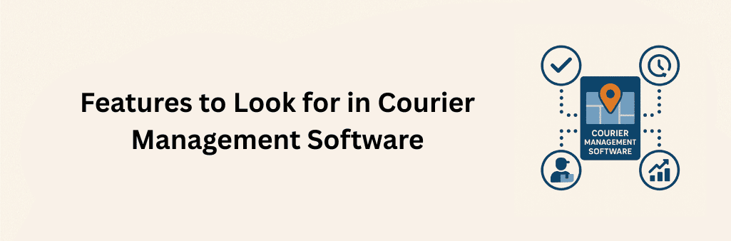Courier management app icon with map and pin, surrounded by icons for verification, scheduling, tracking, and analytics.