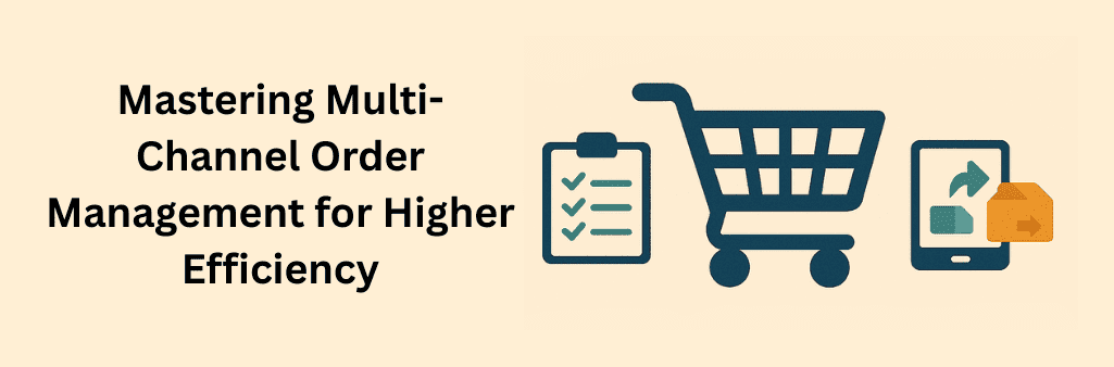 Shopping cart with clipboard, smartphone, and parcel icons labeled for multi-channel order management and Amazon inventory management.