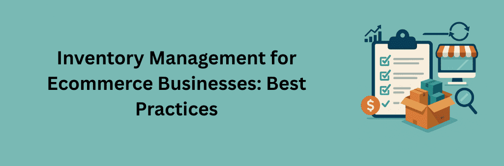 Checklist clipboard, box of inventory, storefront monitor, and bar chart icons on teal background.