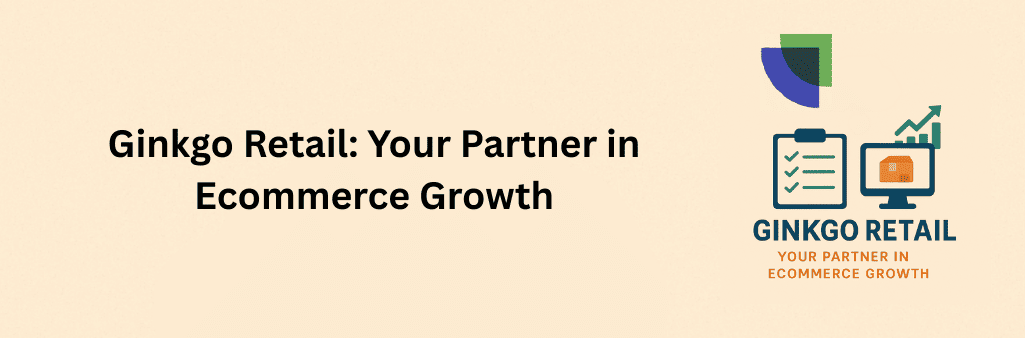 Ginkgo Retail logo , checklist, monitor with parcel icon, and growth chart on beige background