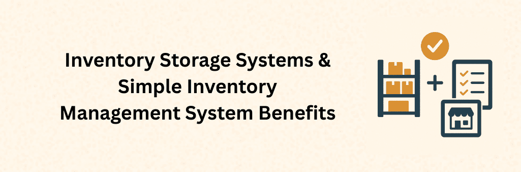 Shelves with boxes and checklist icons connected by plus sign to represent inventory management benefits.