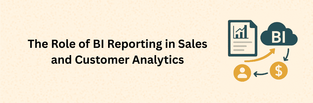 BI cloud connected to report, user icon, and dollar sign symbolizing sales and customer analytics.