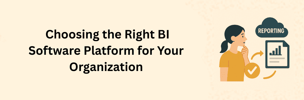 Woman evaluating reporting platform with cloud, report chart, and checkmark icons.