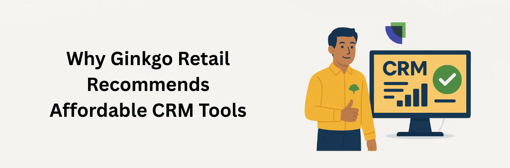 Man giving thumbs up beside the CRM dashboard with bar chart and checkmark, with ginkgo leaves in the background.